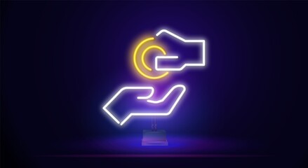 Hands and handouts of a neon sign. Islam, design of religion. Night bright neon sign, colorful Billboard, light banner. Vector illustration in neon style.