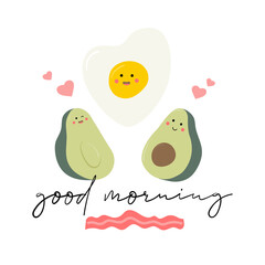 Set of cute healthy breakfast vector food. Card with text