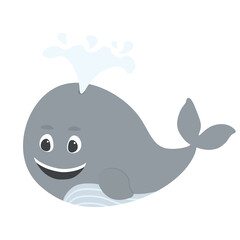 Naklejka premium Cute little whale smiles. Children's vector illustration in cartoon style. Children's room decoration, print design for children's clothing. Greeting card design for girl or boy. Gray, blue and white.