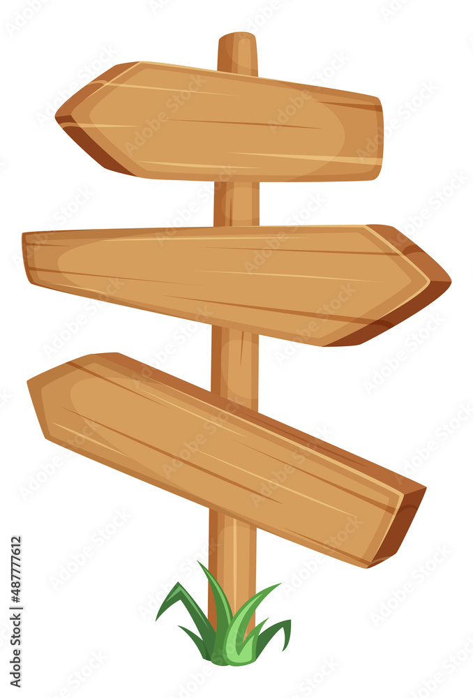 Poster wooden signpost. cartoon direction pointer with empty arrow boards