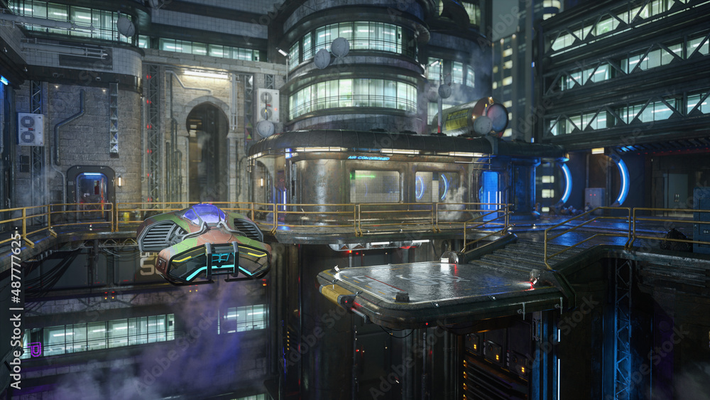 Aufkleber high rise futuristic cyberpunk urban environment with flying car hovering near a docking platform. 3