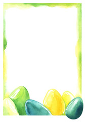 Hand drawn watercolor spring festive easter frame. Rectangular decorative element. Multicolored Easter eggs. Bright sunny colors blue green yellow. Illustration design element on a white background.