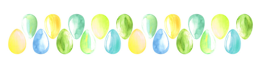 Hand drawn spring festive easter watercolor border pattern. Multi-colored light solar eggs. Decorative elemenе. Bright colors blue green yellow turquoise. Illustration design on white background