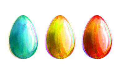 Hand-drawn Easter eggs in computer post-processing with a glitch effect. Set of three decorative elements illustrations on a white background