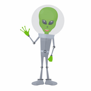 Alien. Green man greets and waves, vector illustration