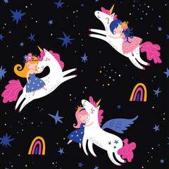 Vector seamless childish pattern with princess, unicorns, stars, rainbow and other elements. Fairy hugging unicorn vector illustration. Seamless pattern with cartoon princess for kids, girl. © Angelina De Sol