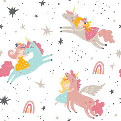 Vector seamless childish pattern with princess, unicorns, stars, rainbow and other elements. Fairy hugging unicorn vector illustration. Seamless pattern with cartoon princess for kids, girl. © Angelina De Sol