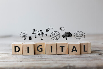Digital strategy Concept. Digital wording on wooden cubes with speech bubbles.