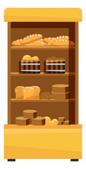 Bakery display. Store shelves with bread and pastry. Fresh food retail