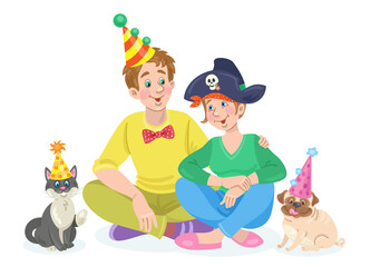 Fototapeta premium Cute young couple, a man and a woman, are sitting embracing in holiday hats with their pets. In cartoon style. Isolated on white background. Vector flat illustration.