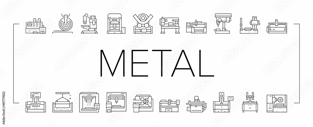 Poster metal working machine collection icons set vector .