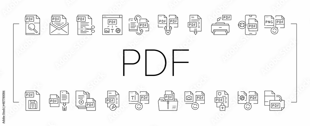 Poster pdf electronic file collection icons set vector .