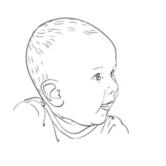Sketch of baby head with attentive eyes and open mouth, Hand drawn vector illustration isolated on white background