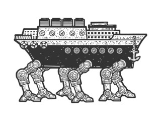 Fantastic fiction steamship vessel on mechanic robotic legs sketch engraving vector illustration. T-shirt apparel print design. Scratch board imitation. Black and white hand drawn image. © Oleksandr Pokusai