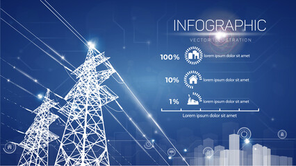 High voltage electrical pylons and wires leading to the city, infographics.