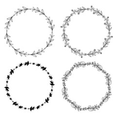 Set of hand drawn doodle round floral wreaths frames. Flower line and leaf circle frames design elements for wedding, mothers day, birthday, invitations.