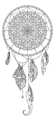 Dreamcatcher icon. Hand drawn mandala circle with feathers