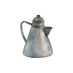 Watercolor hand painted coffee maker on white background. Vintage retro metal coffee pot.