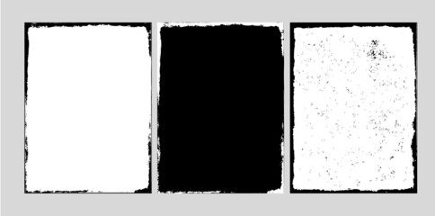 Conjunto de fondos o banners grunge retro abstractos en blanco y negro. Ilustración abstracta de textura papel sucio, manchado, imagen vectorizada - obrazy, fototapety, plakaty