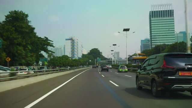 Day Time Jakarta City Center Urban Traffic Street Taxi Road Trip Front Pov Panorama 4k Indonesia