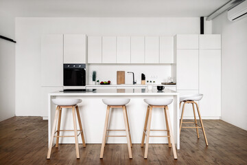Nordic styled kitchen interior design with furniture and appliances