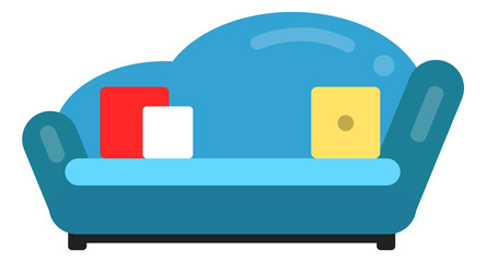 Couch front icon. Blue sofa with decorative pillows