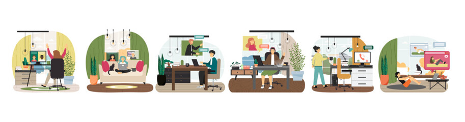Video call scene set, flat vector isolated illustration. Online communication. Video chat app.
