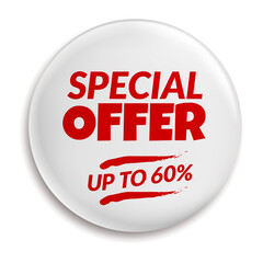 Special offer pin badge. Metal button mockup