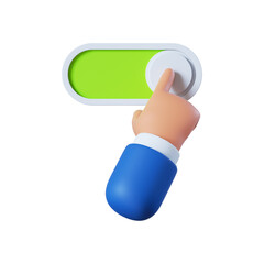 3d render, cartoon character hand activating the button, slide bar icon isolated on white background - obrazy, fototapety, plakaty