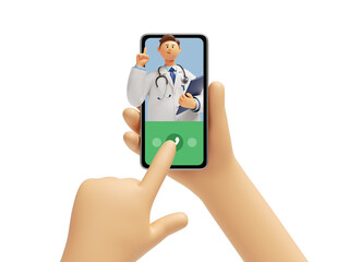 3d rendering, cartoon character hands hold smart phone with medical application. Online doctor consultation. Tele medicine concept. Healtcare clip art isolated on white background