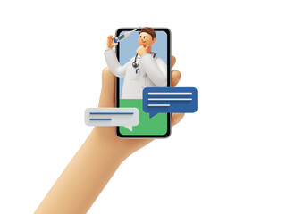 3d rendering. Cartoon character doctor holds thermometer, online consultation. Cartoon character hands hold smart phone device. Medical clip art isolated on white background