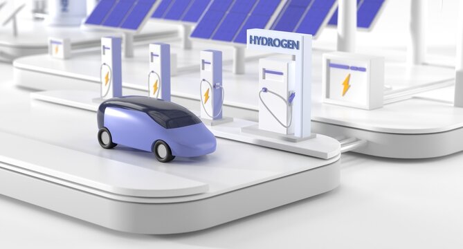 Hydrogen and electric charger station with modern future car. Ecological energy for vehicles with zero emissions, H2 fuel plant. Green sustainable power with solar panels and battery bank, 3d render