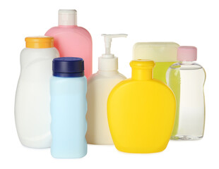 Bottles of baby cosmetic products on white background