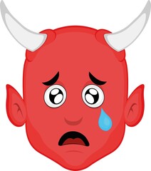Vector illustration of the face of a cartoon devil with a sad expression and a tear falling from his eye