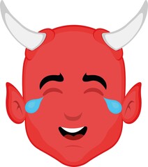 Vector illustration of the face of a little devil with a happy expression and tears of laughter
