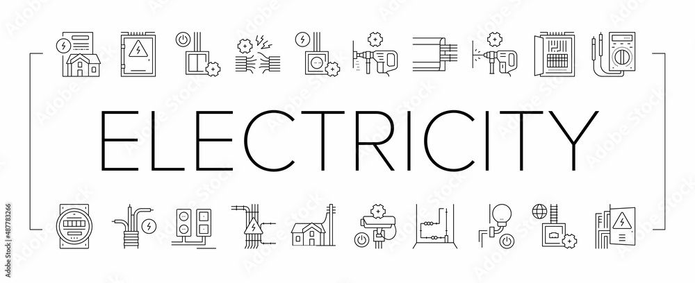 Poster electrical installation tool icons set vector .