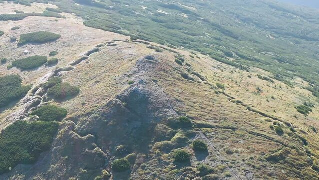 Gadzhina tract with the trenches of the First World War, a view from the drone of a copter. Defensive position at the top of the mountain. Steep slopes of Montenegro Carpathians in Ukraine