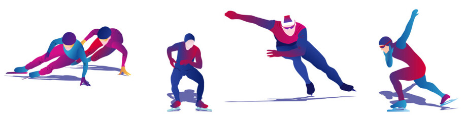Fototapeta na wymiar Cartoon illustration of abstract men skating on ice on an abstract white background. Speed skating