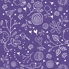Floral seamless pattern of wild flowers, animals and birds, white. Vector print. urple color