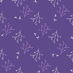 Tree leaves, wild rose, bush thickets seamless pattern in white. Line drawing. Naturalness of materials. Vector print. trendy purple color. Vector print. Trendy purple color