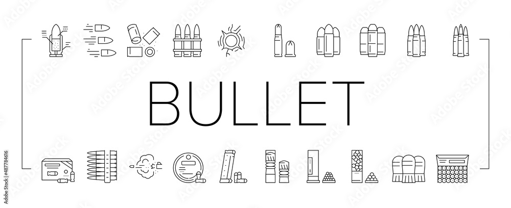 Poster bullet ammunition collection icons set vector .