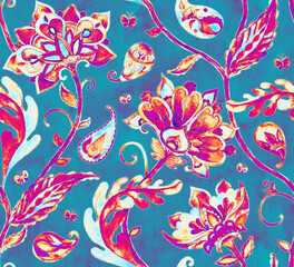 Paisley watercolor floral pattern. Jacobean floral tile: flowers, flores leaves. Oriental indian traditional hand painted water color whimsical seamless print design. Abstract india batik background
