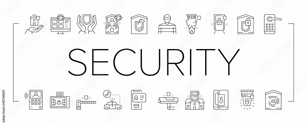 Poster home security device collection icons set vector .