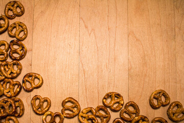 delicious pretzels snack overhead closeup focus kitchen copy space countertop healthy eating food background
