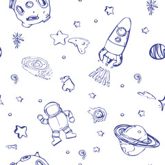 Space and astronaut seamless pattern. Starry sky background with cosmic elements. Hand drawn solar system, stars, planets, spaceships, rockets.