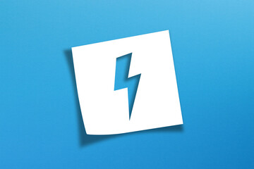 Energy, power symbol on white note paper with blue background. Sustainability and environmental concept