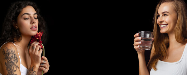 Collage of two beautiful tender young women posing in underwear isolated over black background. Flyer