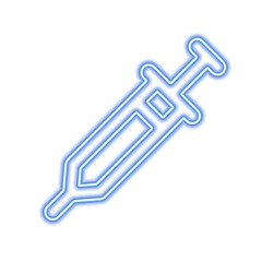 Blue neon stylized syringe contour isolated on white