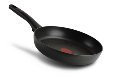 black frying pan with a non-stick coating isolated on white background with clipping path and full...