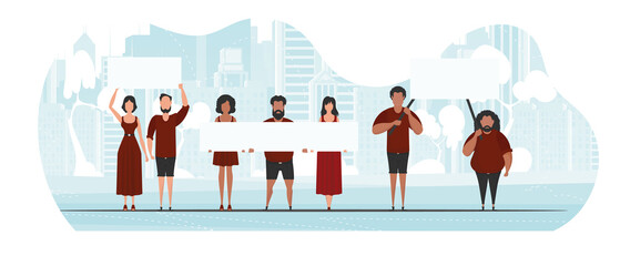 Guys and girls are protesting. Banner in blue tones. Vector illustration.